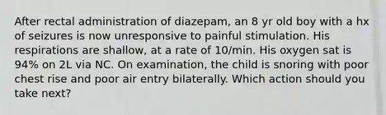 After rectal administration of diazepam, an 8 yr old boy with a hx of seizures is now unresponsive to painful stimulation. His respirations are shallow, at a rate of 10/min. His oxygen sat is 94% on 2L via NC. On examination, the child is snoring with poor chest rise and poor air entry bilaterally. Which action should you take next?