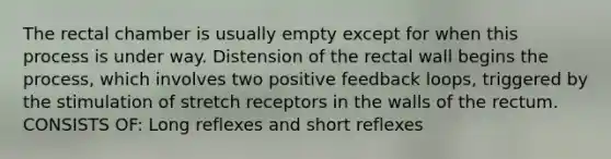 The rectal chamber is usually empty except for when this process is under way. Distension of the rectal wall begins the process, which involves two positive feedback loops, triggered by the stimulation of stretch receptors in the walls of the rectum. CONSISTS OF: Long reflexes and short reflexes