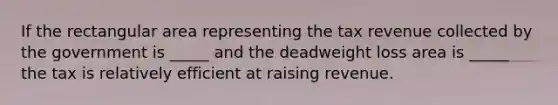 If the rectangular area representing the tax revenue collected by the government is _____ and the deadweight loss area is _____ the tax is relatively efficient at raising revenue.