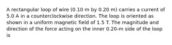 A rectangular loop of wire (0.10 m by 0.20 m) carries a current of 5.0 A in a counterclockwise direction. The loop is oriented as shown in a uniform magnetic field of 1.5 T. The magnitude and direction of the force acting on the inner 0.20-m side of the loop is