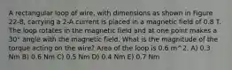 A rectangular loop of wire, with dimensions as shown in Figure 22-8, carrying a 2-A current is placed in a magnetic field of 0.8 T. The loop rotates in the magnetic field and at one point makes a 30° angle with the magnetic field. What is the magnitude of the torque acting on the wire? Area of the loop is 0.6 m^2. A) 0.3 Nm B) 0.6 Nm C) 0.5 Nm D) 0.4 Nm E) 0.7 Nm