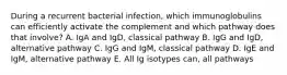 During a recurrent bacterial infection, which immunoglobulins can efficiently activate the complement and which pathway does that involve? A. IgA and IgD, classical pathway B. IgG and IgD, alternative pathway C. IgG and IgM, classical pathway D. IgE and IgM, alternative pathway E. All Ig isotypes can, all pathways