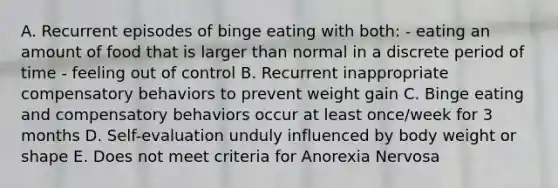 A. Recurrent episodes of binge eating with both: - eating an amount of food that is larger than normal in a discrete period of time - feeling out of control B. Recurrent inappropriate compensatory behaviors to prevent weight gain C. Binge eating and compensatory behaviors occur at least once/week for 3 months D. Self-evaluation unduly influenced by body weight or shape E. Does not meet criteria for Anorexia Nervosa