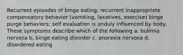 Recurrent episodes of binge eating; recurrent inappropriate compensatory behavior (vomiting, laxatives, exercise) binge purge behaviors; self evaluation is unduly influenced by body. These symptoms describe which of the following a. bulimia nervosa b. binge eating disorder c. anorexia nervosa d. disordered eating