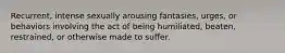 Recurrent, intense sexually arousing fantasies, urges, or behaviors involving the act of being humiliated, beaten, restrained, or otherwise made to suffer.