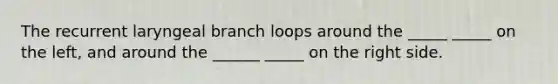 The recurrent laryngeal branch loops around the _____ _____ on the left, and around the ______ _____ on the right side.