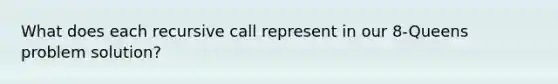 What does each recursive call represent in our 8-Queens problem solution?