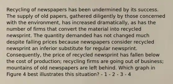 Recycling of newspapers has been undermined by its success. The supply of old papers, gathered diligently by those concerned with the environment, has increased dramatically, as has the number of firms that convert the material into recycled newsprint. The quantity demanded has not changed much despite falling prices because newspapers consider recycled newsprint an inferior substitute for regular newsprint. Consequently, the price of recycled newsprint has fallen below the cost of production; recycling firms are going out of business; mountains of old newspapers are left behind. Which graph in Figure 4 best illustrates this situation? - 1 - 2 - 3 - 4