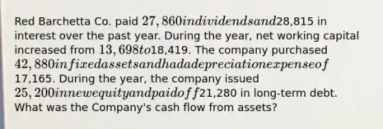 Red Barchetta Co. paid 27,860 in dividends and28,815 in interest over the past year. During the year, net working capital increased from 13,698 to18,419. The company purchased 42,880 in fixed assets and had a depreciation expense of17,165. During the year, the company issued 25,200 in new equity and paid off21,280 in long-term debt. What was the Company's cash flow from assets?