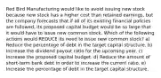 Red Bird Manufacturing would like to avoid issuing new stock because new stock has a higher cost than retained earnings, but the company forecasts that if all of its existing financial policies are followed, its proposed capital budget would be so large that it would have to issue new common stock. Which of the following actions would REDUCE its need to issue new common stock? a) Reduce the percentage of debt in the target capital structure. b) Increase the dividend payout ratio for the upcoming year. c) Increase the proposed capital budget. d) Reduce the amount of short-term bank debt in order to increase the current ratio. e) Increase the percentage of debt in the target capital structure.