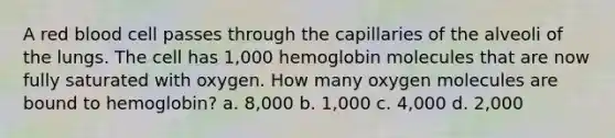 A red blood cell passes through the capillaries of the alveoli of the lungs. The cell has 1,000 hemoglobin molecules that are now fully saturated with oxygen. How many oxygen molecules are bound to hemoglobin? a. 8,000 b. 1,000 c. 4,000 d. 2,000