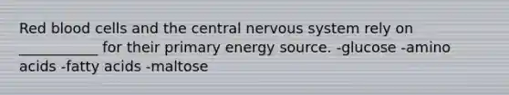 Red blood cells and the central nervous system rely on ___________ for their primary energy source. -glucose -amino acids -fatty acids -maltose