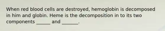 When red blood cells are destroyed, hemoglobin is decomposed in him and globin. Heme is the decomposition in to its two components ______ and _______.