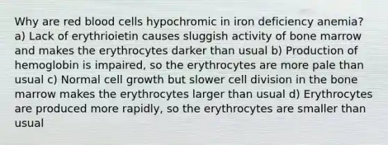 Why are red blood cells hypochromic in iron deficiency anemia? a) Lack of erythrioietin causes sluggish activity of bone marrow and makes the erythrocytes darker than usual b) Production of hemoglobin is impaired, so the erythrocytes are more pale than usual c) Normal cell growth but slower cell division in the bone marrow makes the erythrocytes larger than usual d) Erythrocytes are produced more rapidly, so the erythrocytes are smaller than usual