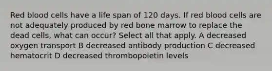 Red blood cells have a life span of 120 days. If red blood cells are not adequately produced by red bone marrow to replace the dead cells, what can occur? Select all that apply. A decreased oxygen transport B decreased antibody production C decreased hematocrit D decreased thrombopoietin levels