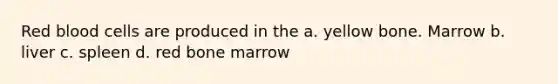 Red blood cells are produced in the a. yellow bone. Marrow b. liver c. spleen d. red bone marrow