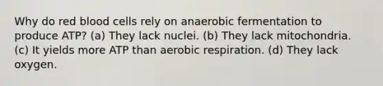 Why do red blood cells rely on anaerobic fermentation to produce ATP? (a) They lack nuclei. (b) They lack mitochondria. (c) It yields more ATP than <a href='https://www.questionai.com/knowledge/kyxGdbadrV-aerobic-respiration' class='anchor-knowledge'>aerobic respiration</a>. (d) They lack oxygen.