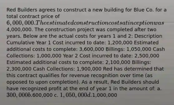 Red Builders agrees to construct a new building for Blue Co. for a total contract price of 6,000,000. The estimated construction costs at inception was4,000,000. The construction project was completed after two years. Below are the actual costs for years 1 and 2: Description Cumulative Year 1 Cost incurred to date: 1,200,000 Estimated additional costs to complete: 3,600,000 Billings: 1,050,000 Cash Collections: 1,000,000 Year 2 Cost incurred to date: 2,500,000 Estimated additional costs to complete: 2,100,000 Billings: 2,300,000 Cash Collections: 1,900,000 Red has determined that this contract qualifies for revenue recognition over time (as opposed to upon completion). As a result, Red Builders should have recognized profit at the end of year 1 in the amount of: a. 300,000 b.600,000 c. 1,050,000 d.1,000,000