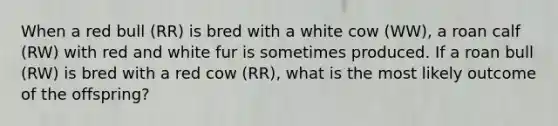 When a red bull (RR) is bred with a white cow (WW), a roan calf (RW) with red and white fur is sometimes produced. If a roan bull (RW) is bred with a red cow (RR), what is the most likely outcome of the offspring?