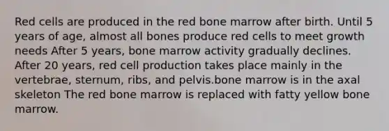 Red cells are produced in the red bone marrow after birth. Until 5 years of age, almost all bones produce red cells to meet growth needs After 5 years, bone marrow activity gradually declines. After 20 years, red cell production takes place mainly in the vertebrae, sternum, ribs, and pelvis.bone marrow is in the axal skeleton The red bone marrow is replaced with fatty yellow bone marrow.