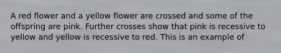 A red flower and a yellow flower are crossed and some of the offspring are pink. Further crosses show that pink is recessive to yellow and yellow is recessive to red. This is an example of