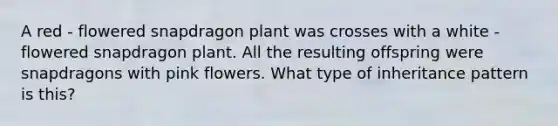 A red - flowered snapdragon plant was crosses with a white - flowered snapdragon plant. All the resulting offspring were snapdragons with pink flowers. What type of inheritance pattern is this?