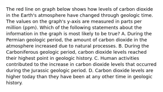 The red line on graph below shows how levels of carbon dioxide in the Earth's atmosphere have changed through geologic time. The values on the graph's y-axis are measured in parts per million (ppm). Which of the following statements about the information in the graph is most likely to be true? A. During the Permian geologic period, the amount of carbon dioxide in the atmosphere increased due to natural processes. B. During the Carboniferous geologic period, carbon dioxide levels reached their highest point in geologic history. C. Human activities contributed to the increase in carbon dioxide levels that occurred during the Jurassic geologic period. D. Carbon dioxide levels are higher today than they have been at any other time in geologic history.