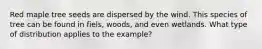 Red maple tree seeds are dispersed by the wind. This species of tree can be found in fiels, woods, and even wetlands. What type of distribution applies to the example?