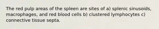 The red pulp areas of the spleen are sites of a) splenic sinusoids, macrophages, and red blood cells b) clustered lymphocytes c) connective tissue septa.