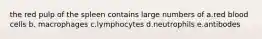 the red pulp of the spleen contains large numbers of a.red blood cells b. macrophages c.lymphocytes d.neutrophils e.antibodes