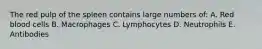 The red pulp of the spleen contains large numbers of: A. Red blood cells B. Macrophages C. Lymphocytes D. Neutrophils E. Antibodies