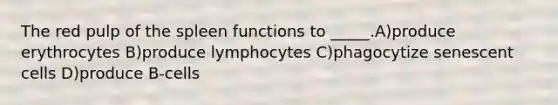 The red pulp of the spleen functions to _____.A)produce erythrocytes B)produce lymphocytes C)phagocytize senescent cells D)produce B-cells