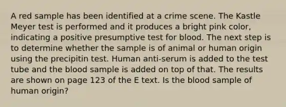 A red sample has been identified at a crime scene. The Kastle Meyer test is performed and it produces a bright pink color, indicating a positive presumptive test for blood. The next step is to determine whether the sample is of animal or human origin using the precipitin test. Human anti-serum is added to the test tube and the blood sample is added on top of that. The results are shown on page 123 of the E text. Is the blood sample of human origin?