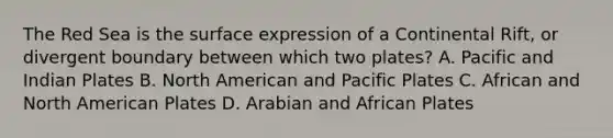 The Red Sea is the surface expression of a Continental Rift, or divergent boundary between which two plates? A. Pacific and Indian Plates B. North American and Pacific Plates C. African and North American Plates D. Arabian and African Plates