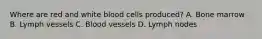 Where are red and white blood cells produced? A. Bone marrow B. Lymph vessels C. Blood vessels D. Lymph nodes