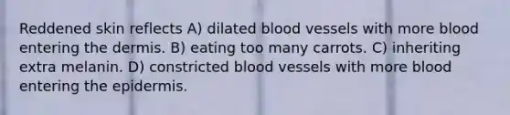 Reddened skin reflects A) dilated blood vessels with more blood entering the dermis. B) eating too many carrots. C) inheriting extra melanin. D) constricted blood vessels with more blood entering the epidermis.