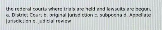 the rederal courts where trials are held and lawsuits are begun. a. District Court b. original Jurisdiction c. subpoena d. Appellate Jurisdiction e. judicial review