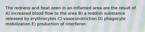 The redness and heat seen in an inflamed area are the result of A) increased blood flow to the area B) a reddish substance released by erythrocytes C) vasoconstriction D) phagocyte mobilization E) production of interferon