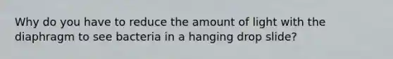 Why do you have to reduce the amount of light with the diaphragm to see bacteria in a hanging drop slide?