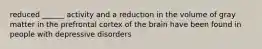 reduced ______ activity and a reduction in the volume of gray matter in the prefrontal cortex of the brain have been found in people with depressive disorders