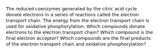 The reduced coenzymes generated by the citric acid cycle donate electrons in a series of reactions called the electron transport chain. The energy from the electron transport chain is used for oxidative phosphorylation. Which compounds donate electrons to the electron transport chain? Which compound is the final electron acceptor? Which compounds are the final products of the electron transport chain and oxidative phosphorylation?