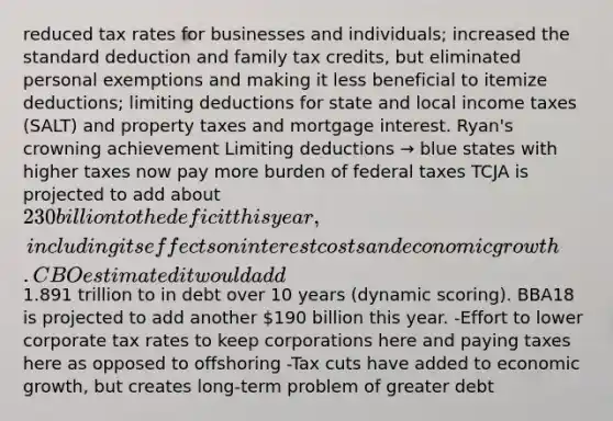 reduced tax rates for businesses and individuals; increased the standard deduction and family tax credits, but eliminated personal exemptions and making it less beneficial to itemize deductions; limiting deductions for state and local income taxes (SALT) and property taxes and mortgage interest. Ryan's crowning achievement Limiting deductions → blue states with higher taxes now pay more burden of federal taxes TCJA is projected to add about 230 billion to the deficit this year, including its effects on interest costs and economic growth. CBO estimated it would add1.891 trillion to in debt over 10 years (dynamic scoring). BBA18 is projected to add another 190 billion this year. -Effort to lower corporate tax rates to keep corporations here and paying taxes here as opposed to offshoring -Tax cuts have added to economic growth, but creates long-term problem of greater debt