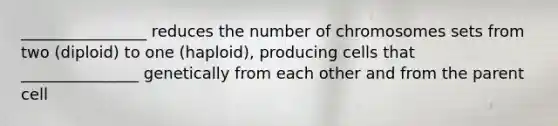 ________________ reduces the number of chromosomes sets from two (diploid) to one (haploid), producing cells that _______________ genetically from each other and from the parent cell