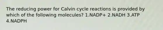 The reducing power for Calvin cycle reactions is provided by which of the following molecules? 1.NADP+ 2.NADH 3.ATP 4.NADPH