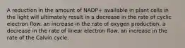 A reduction in the amount of NADP+ available in plant cells in the light will ultimately result in a decrease in the rate of cyclic electron flow. an increase in the rate of oxygen production. a decrease in the rate of linear electron flow. an increase in the rate of the Calvin cycle.