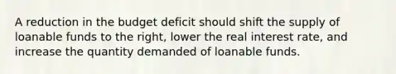 A reduction in the budget deficit should shift the supply of loanable funds to the right, lower the real interest rate, and increase the quantity demanded of loanable funds.