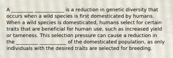 A _________ ____________ is a reduction in genetic diversity that occurs when a wild species is first domesticated by humans. When a wild species is domesticated, humans select for certain traits that are beneficial for human use, such as increased yield or tameness. This selection pressure can cause a reduction in the _________ ___________ of the domesticated population, as only individuals with the desired traits are selected for breeding.