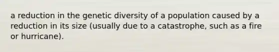 a reduction in the genetic diversity of a population caused by a reduction in its size (usually due to a catastrophe, such as a fire or hurricane).