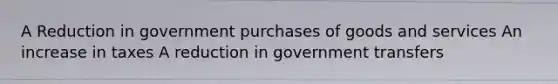 A Reduction in government purchases of goods and services An increase in taxes A reduction in government transfers