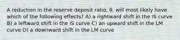 A reduction in the reserve deposit ratio, θ, will most likely have which of the following effects? A) a rightward shift in the IS curve B) a leftward shift in the IS curve C) an upward shift in the LM curve D) a downward shift in the LM curve